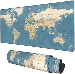 Desk Mat, Blue Vintage World Map Extended Gaming Mouse Pad Large, 35.4"x15.7" Big Mouse Pad with Non-Slip Base and Stitched Edge, Long Computer Keyboard Mouse Mat for Home Office Work