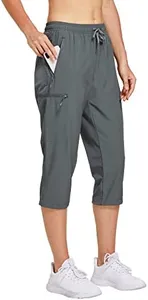 FitsT4 Women's Lightweight Hiking Capri Petite Length Cargo Cropped Pants Quick Dry UPF 50+ Jogger with Zipper Pockets Gray Size M