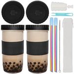ZgoEC 2 Pack Reusable Bubble Tea Cups with Lids and Straws, 24oz Bubble Tea Glasses Drinking Glasses Cups, Leakproof Tumbler Glass Cups, Smoothie Cups Iced Coffee Glass for Daily Drinks (Black)