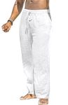 MakingDa Linen Trousers Mens Pockets Summer Casual Light Drawstring Elasticated Waist Yoga Lounge Pants Slacks Relaxed Loose Fit Straight Wide Leg Beach Breathable Pyjama Bottoms White 36 4XL