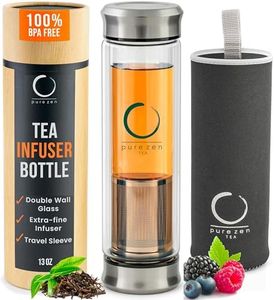Pure Zen Tea Tumbler with Infuser - BPA Free Double Wall Glass Travel Tea Mug with Stainless Steel Filter - Leakproof Tea Bottle with Strainer for Loose Leaf Tea and Fruit Water 13 Ounce