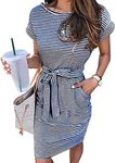 MEROKEETY Women's Summer Striped Short Sleeve T Shirt Dress Casual Tie Waist with Pockets, Navy, Medium