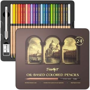 JusArt 24 Oil-Based Colored Pencils – Soft Core, Durable, Vibrant & Ultra-Smooth. Ideal for Adult Coloring, Portrait, Sketching, Landscape. Professional Drawing Pencils for Artists, Adults & Beginners