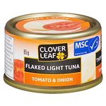 Clover Leaf Flaked Light Tuna Tomato & Onion - 85g, 24 Count - Canned Tuna - Flavoured Tuna - Skipjack Light Tuna - Very High In Protein - 15g Of Protein Per 85g Serving - Low in Fat And Saturated Fat