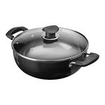 Vinod Cookware Deep Kadhai with Glass Lid - Hard Anodized Pot-Riveted Handles- 55L(58 Quarts)-28Cm-Multi-Use Wok - Suitable for Indian Cooking/Sauces/Pasta/Stews/Soups-Round Bottom, Black