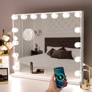 Hansong Large Vanity Mirror with Lights, Hollywood Lighted Makeup Mirror with 15 Dimmable LED Bulbs for Dressing Room & Bedroom, Tabletop or Wall-Mounted, Slim Metal Frame Design, White