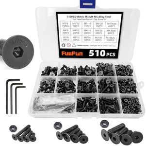 FullFun 510PCS M3 M4 M5 Hex Socket Flat Head Screw Bolts Nuts Assortment Kit, Alloy Steel Metric Screws with 3PCS Allen Wrenches, Allen Socket Hex Drive Black Machine Screws Set