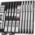 Nicpro 5 PCS Art Mechanical Pencil Set, Metal Drafting Pencils 0.3, 0.5, 0.7, 0.9, 2mm Graphite Lead Holder (4B 2B HB 2H Colored Lead) For Writing Sketching Drawing With 9 Lead Refills Eraser Case