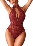 Avidlove Snap Crotch Lingerie for Women Sexy Bodysuit Halter Lace V Neck Teddy DR M