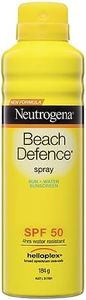 Neutrogena Beach Defence Sunscreen Spray SPF 50 184g|Defend against the drying effects of the beach|Provides high broad spectrum UVA/UVB protection from the sun's most damaging rays