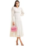 Pinkberry Women's Georgette Buta Pattern Maxi Dress Long Sleeve Full-Length Fit & Flare Long Gown Dress for Women S White