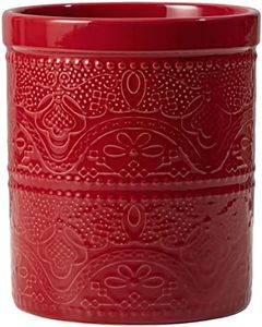 FE Kitchen Utensil Holder,7.2" Large Utensil Crock Heavy and Stable Lace Emboss Ceramic Utensil Holder for Countertop (Red)