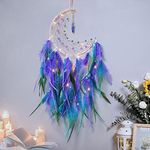 Dremisland Moon Dream Catcher with Fairy Lights Handmade Green Turquoise Pendant Wall Hanging Ornament for Home Bedroom Wall Decoration Craft Gift (Blue & Purple)