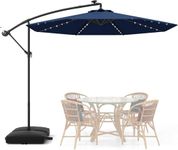 TANGZON 3m Cantilever Garden Parasol, Heavy Duty Offset Patio Umbrella with 40 LED Lights, Sand Bag & Solar Panel Batteries, Outdoor Square Hanging Sun Shade Roma Umbrella (Navy)