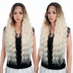 Joedir 30 Inches Lace Front Wig for Women Long Wavy Lace Front with 1.5"x4.5" Deep Part Lace Wig Heat Resistant Synthetic Dark Roots Wigs Ombre Blonde Pre Plucked Glueless Wig Soft Hair