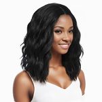 Yamel Wavy Bob Wig Natural Black Synthetic Hair Shoulder Length 14 Inch Short Curly Middle Part Lace Front Wigs for Women