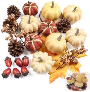 23Pcs Fake Pumpkins Fall Thanksgiving Decorations,Plastic Pumpkins with Acorns,Maple Leaves,Pine cones,Berries, Artificial Mini Pumpkin Decorating Harvest Home Decor Centerpiece Table Decorations