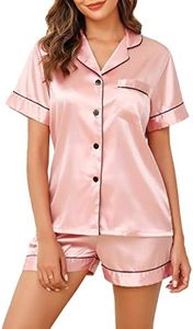 Vlazom Pyjamas for Women, Soft Satin Pjs Set Two Piece Silk Pyjamas for Ladies Button Down Sleepwear Loungewear Pink,M