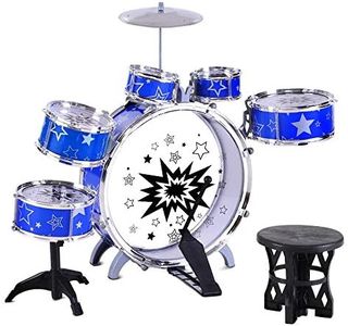 Keezi Kids Drum Set, 11pcs Toddler Toy Pretend Play Junior Balmy Drums Kit Musical Instruments Educational Children Baby Toys, with Drummer Seat Easy to Assemble Blue