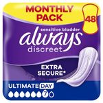 Always Discreet Incontinence Pads Women, Ultimate Day, Absorbency 6, 48 Sanitary Towels (12 x 4 Packs), Extra Secure Bladder Weakness Pads Women, Odour Neutraliser