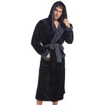 Inner Wish Mens Hooded Robe, Plush Long Bath robes Cozy Warm Bathrobe Fuzzy male Spa Robe With Pockets, Black+dark Grey, XX-Large-3X-Large