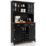 COSTWAY Large Kitchen Storage Cabinet, Freestanding Buffet Cupboard with Adjustable Shelves, Tempered Glass Doors, 9 Wine Compartments & 3 Drawers, Wooden Tall Sideboard for Living Room Office (Black)