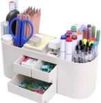 Desk Organizer with 3 Drawer, 7 Compartments Multi-Functional Desk Storage Box, Pen Holder and Desktop Accessories for Office, School, Art Supplies (White)