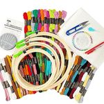 Qroof Embroidery Materials Kit New,50 Colour Threads,4 Pcs Bamboo Hoops,2 Pcs Aida Cloth Embroidery Beginner Supplies Tool Kit