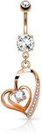 PiercedOff 316L Surgical Steel Navel Ring Belly Bar with CZ Centered Double Heart with Micro Pave CZ Dangle (Rose Gold/Clear)