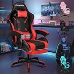 ELFORDSON Gaming Chair with 2-Point Massage Cushion, Computer Chairs for Home Office, Head Pillow High Back 150° Recliner, for Kids Adults, Red and Black