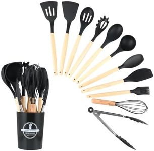 Wenrescry Juego de Utensilios de Cocina de Silicona de 12 Piezas | Utensilios de Cocina de Silicona Resistente al Calor con Cubo para Guardar Utensilios de Cocina Antiadherentes (Negro)