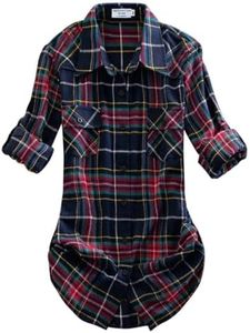 Match Womens Button Down Flannel Plaid Shirts roll up Long Sleeve Shackets Business Blouse Top (X-Large, Checks#10)