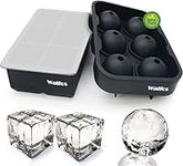 Walfos Silicone Ice Cube Tray Set, Sphere Ice Ball and Large Square Ice Cube Tray with Lid, Easy to Pop Out, Prefect for for Whiskey, Cocktails, Baby Food, Reusable & BPA Free