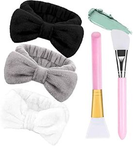 3 Piezas Diadema para Maquillaje con 2Pcs Cepillo de Mascarilla de Silicona, FUKPO Elástico Diadema Maquillaje Mujer, Diadema de Maquillaje Bowknot Banda de Pelo para Maquillaje Bañarse Yoga Spa
