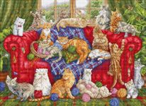 Wizardi Counted Cross Stitch Kit Meow Manor L9946, Cats on Red Sofa Embroidery Pattern, 16ct White Aida 67 Colors Luca-S Floss, 17.32x12.6 in, Letistitch DIY Crafting Set for Adults