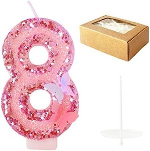 Birthday Candles Number 8,Pink Glitter Happy Birthday Cake Candles Handmade Sequin Numeral Candle