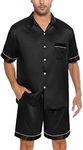 SWOMOG Men Silk Satin Pajamas Set Button Down Sleepwear Short Sleeve Pjs Set Soft 2 Piece Lounge Set Nightwear with Pockets Black Large