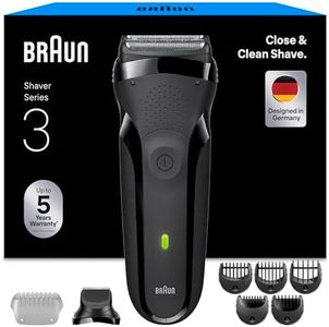 Braun Series 3 Electric Shaver, 300BT, Grey - Dry Razor for Men, 3 Flexible Blades, Beard Trimmer Attachment, +5 Combs, Designed in Germany, Includes Rechargeable Battery