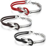 JewelryWe Valentine Gifts 3pcs Mens Womens Leather Stainless Steel Bracelet, Infinity Love Sign Cuff Bangle, Black Brown Red Silver