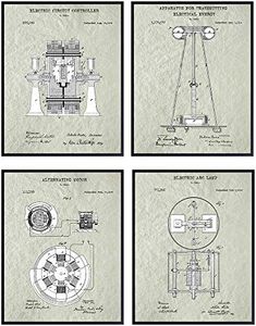 Nikola Tesla Patent Art Prints - Vintage Wall Art Poster Set - Chic Rustic Home Decor for Man Cave, Office, Living Room, Family Room, Den - Gift for Inventors, Electronics Fans, 8x10 Photos Unframed