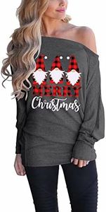 Lacozy Women's Off The Shoulder Tops Casual Long Sleeve Shirt Oversized Knit Pullover Sweater, D0 Dark Grey Santa Claus, Medium