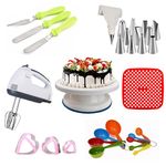 Wishome Baking Cake 7 Piece Combo 11-inch Cake Decoration Turntable with Palette Knife, 12-Piece Nozzles Icing Bag, Egg Beater, Measuring Cups, Silicon Air Fryer and Cookie Cutter Baking Tools Set