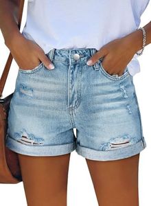 Angerella Womens Ripped Denim Jean Shorts Stretchy Floded Hem Mid Waisted Short Jeans Light Blue M