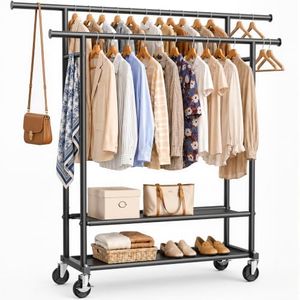 WATIOWL Clothes Rack, Double Rods Rolling Clothing Rack for Hanging Clothes Closet Rack with Wheels, Metal Portable Garment Rack with Double Shelves for Bedroom Laundry Living Room, Black