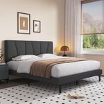 STRATA FURNITURE Sheesham Wood Queen Size Bed Cot Without Storage Upholstered Double Bed for Bedroom Living Room Home (Dark Grey Finish)