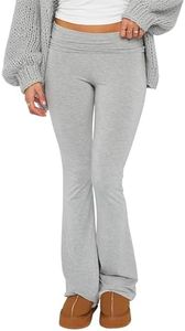 Luckinbaby Women's Flare Skinny Pants Fold Over Leggings Stretch Bootcut Bell Bottom Slim Fit Yoga Pants Y2k Joggers, Basic Light Gray, Small