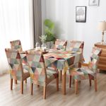 BRIDA® Polyester Spandex Stretchable Floral Geometric Printed Dining Chair Covers Elastic Chair Seat Case Protector, Slipcovers (6 Seater Table Cover + 6 Chair Cover, Multicolor Triangle)