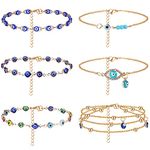 FIBO STEEL 6Pcs Evil Eye Anklets for Women Waterproof 14K Gold Plated Non Tarnish Adjustable Dainty Layered Summer Beach Jewelry Gifts, 8.3 Inch, Metal, Cubic Zirconia