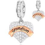 I Love You Grandson Heart Pendant Charms in 925 Sterling Silver, fits Pandora Christmas Bracelet, Clear Sparkling CZ Boy Dangle Beads, Gift for Godson/Grandchildren/Grandma