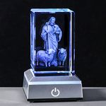 YWHL 3D Crystal Good Shepherd Jesus with Lambs Statue Figurine with Colorful Base Laser Engraved Christmas Christian Catholic Religious Gifts for Women Friends Family Christian Church Keepsakes